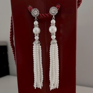 Pearl tassel earrings, rhodium plated with rhinestones